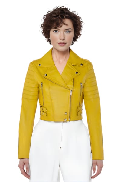 Dames geel cropped Brando leren bikerjack - Bellville