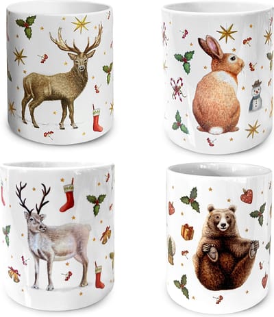 World of Mies 4 kerstmokken keramiek - Hert beer rendier konijn uil roodborstje kerstdecoraties - Kerstbeker - 300 ml - Handgeschilderd design door Mies