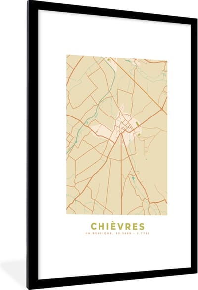 Fotolijst incl. Poster - Stadskaart - Chièvres - Plattegrond - Vintage - Kaart - 60x90 cm - Posterlijst