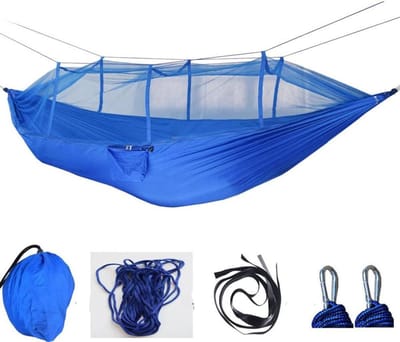 Grote campinghangmat - Dubbele hangmat - Buiten ontspannen - Met muskietennet - 26 x 14 meter - Blauw