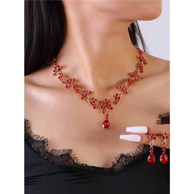 3 stuks dames mode trend klauw ketting serie rode waterdruppel oorbellen met ketting sieradenset, banket en feest accessoire brown