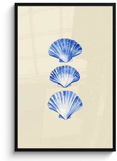 Poster in lijst - Fotolijst 80x120 cm - Posters - Schelpen - Blauw - Beige - Posterlijst zwart - Decoratie - Wanddecoratie woonkamer - Muurdecoratie slaapkamer