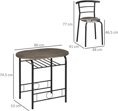 FloraGrace Bistroset 80 x 53 cm - Tafel Met 2 Stoelen En Opbergrek - Voor Kleine Eetruimtes - Metaal En Mdf - Zwart