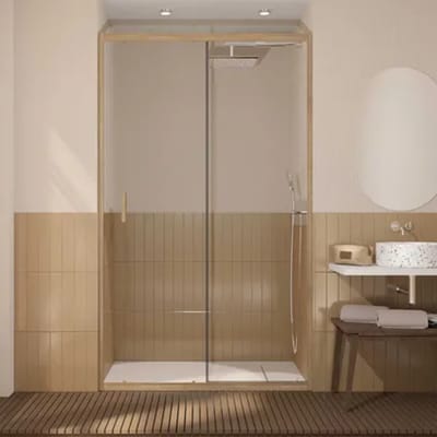 Aurlane Douche Schuifdeur Factory Wood - Helder Glas 6mm - Houtlook Aluminium - 120x200cm