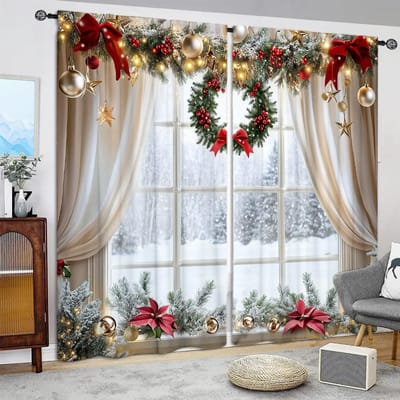 2 stuks Kerst Raam Bedrukt Gordijn voor Kerst Huisdecoratie - Tunnelroede Raambekleding voor Slaapkamer, Kantoor, Keuken 52.5cmX116cm X 2pcs gray