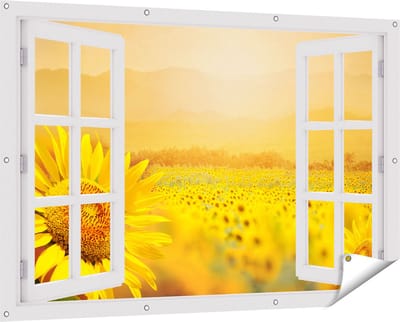 Gards Tuinposter Doorkijk Zonnebloemen Veld met Zonopkomst - 150x100 cm - Tuindoek - Tuindecoratie - Wanddecoratie buiten - Tuinschilderij