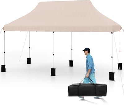 COSTWAY 3 x 6 m paviljoen, vouwpaviljoen, waterafstotend, stabiel, winterbestendig, uv-bescherming 50+, in hoogte verstelbare partytent, tuinpaviljoen met draagtas, voor tuin, bruiloft, feest, beige