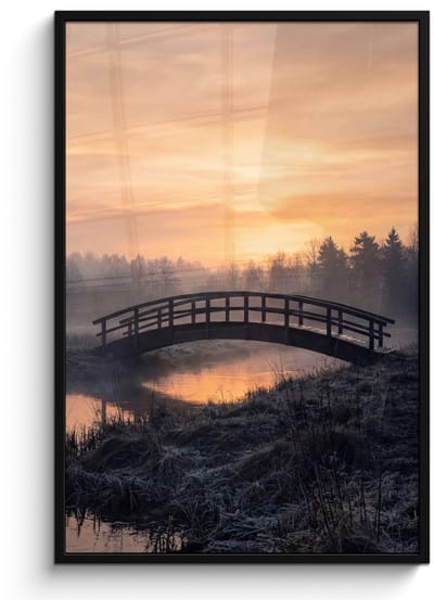 Poster in lijst - Fotolijst 80x120 cm - Posters - Brug - Mist - Bomen - Water - Posterlijst zwart - Decoratie - Wanddecoratie woonkamer - Muurdecoratie slaapkamer