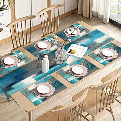 Boerderij tafelloper en placemats, set van 6, katoen-linnen abstracte groenblauwe en grijze schilderkunst, eettafel decor voor dagelijks gebruik (1 tafelloper 182 cm lang en 6 placemats)