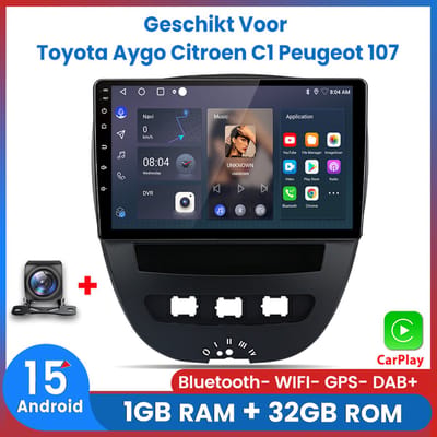 Awesafe Carplay Autoradio - Geschikt Voor Toyota Aygo Citroen C1 PEUGEOT 107 2005 t/m 2014 - Android 15.0 Systeem - 1GB RAM + 32GB ROM - Draadloos CarPlay & Android Auto - Bluetooth & WiFi - GPS Navigatie - Inclusief achteruitkijkcamera