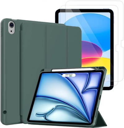 Hoes en Glas Geschikt voor Apple iPad Air 11 inch (2026, M4/2025, M3/2024, M2) - Groen - Casemania Tri Fold Tablet Case met Penhouder - Beschermhoes Smart Cover - 1x Glazen Screenprotector