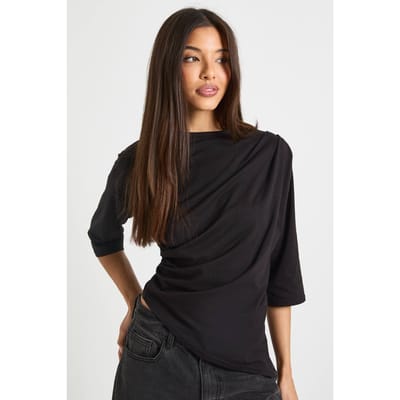 boohoo Dames T-shirt met asymmetrische zoom, getailleerde taille en 3/4 mouwen | Black | Maat: 12