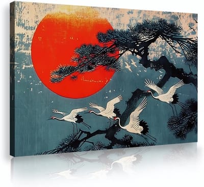 Famanu – Vintage Japanse muurkunst op canvas – kraanvogel met zonsondergang – retro ingelijste wanddecoratie voor woonkamer/slaapkamer/kantoor