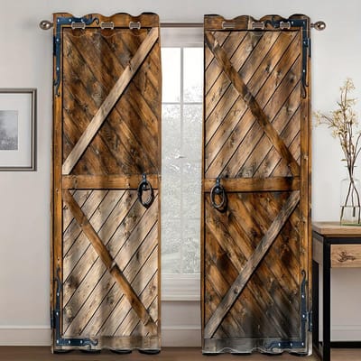 2 stuks Nieuwe Mode Houten Deur Decor Gordijnen Semi Schaduw 3D Digitaal Bedrukte Gordijnen met Tunnel voor Woonkamer Kantoor Huisdecoratie 2x50Wx50H(CM)&Grommet Top brown