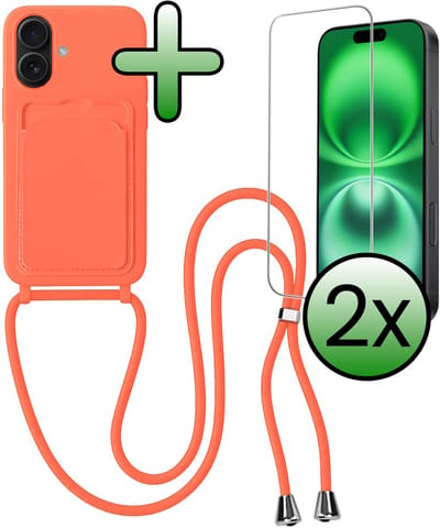 Hoes Geschikt voor iPhone 16 Plus Hoesje Pas Houder Case Hoes Met Koord Met 2x Screenprotector - Hoesje Geschikt voor iPhone 16 Plus Hoes Met Telefoonkoord Pasjeshouder Cover - Papaya