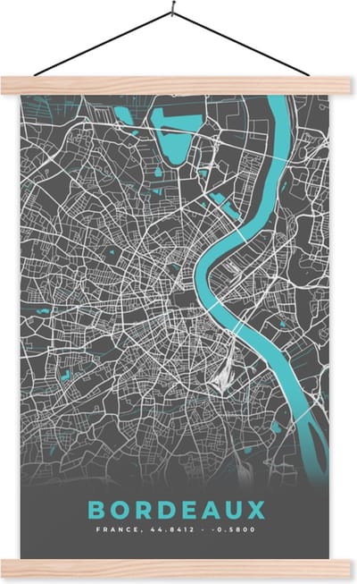 Posterhanger incl. Poster 40x60 cm - Schoolplaat - Frankrijk - Stadskaart - Kaart - Plattegrond - Bordeaux - Textielposter - Blanke latten - Stadskaart