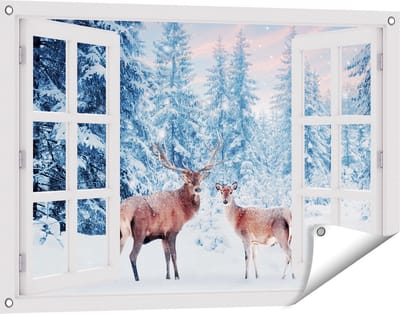 Gards Tuinposter Doorkijk Twee Herten in het Bos met Sneeuw - 90x60 cm - Tuindoek - Tuindecoratie - Wanddecoratie buiten - Tuinschilderij