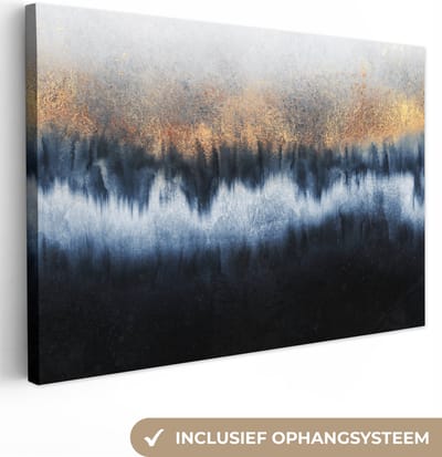 Canvas schilderij 60x40 cm - Wanddecoratie Abstract - Goud - Luxe - Blauw - Muurdecoratie woonkamer - Slaapkamer decoratie - Kamer accessoires - Schilderijen op canvas