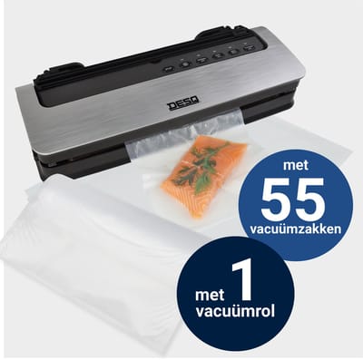 DESQ® Vacumeermachine - Automatisch Vacuümapparaat - 5 Programma's - 80 kPa Zuigkracht - Dubbele Verwarmingsdraden - Rolhouder & Rolsnijder - Vacuümslang - Inclusief 55 Vacuümzakken & 3 m Vacuümrol