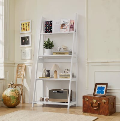 DESMIU Boekenkast - Open Ladderrek Met 4 Niveaus En Kantelbeveiliging - Voor Woonkamer Kantoor Badkamer En Keuken - MDF En Spaanplaat - Wit