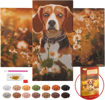 Diamond Painting Volwassenen Hond Drieluik Schilderij DIY - Diamond Painting Pakket - Ronde Steentjes - Inclusief Diamond Painting Pen - Voor Volwassenen en Kinderen - Afmeting 40x20cm en 30x20cm - Joya Creative