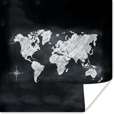 Poster 75x75 cm - Wereldkaart - Wit - Krijtbord - Posters - Kamer decoratie - Wanddecoratie woonkamer - Muurdecoratie slaapkamer