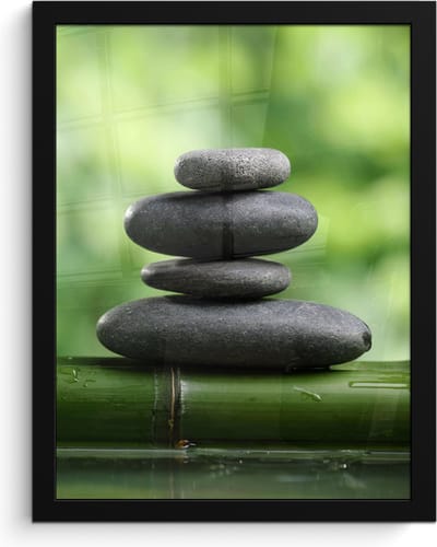 Poster in lijst - Fotolijst 30x40 cm - Posters - Zen - Stenen - Groen - Natuur - Bamboe - Posterlijst zwart - Wanddecoratie badkamer - Muurdecoratie WC - Decoratieve accessoires - Toilet muur decoratie