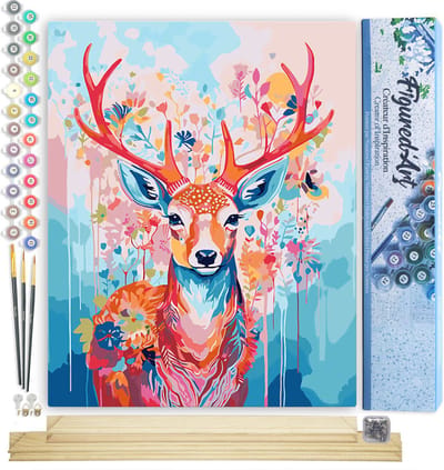 Figured'Art Schilderen op Nummer Volwassenen canvas Kleurrijke Hert in Bloei - Handwerk acrylverf Kit DIY Compleet - 40x50cm met DIY houten lijst