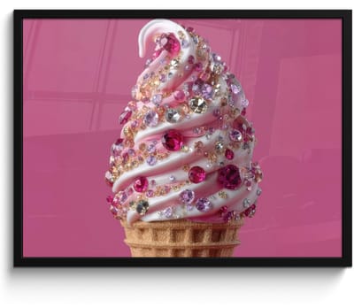 Poster in lijst - Fotolijst 80x60 cm - Posters - Softijs - Edelstenen - Roze - Hoorntje - Posterlijst zwart - Decoratie - Wanddecoratie woonkamer - Muurdecoratie slaapkamer