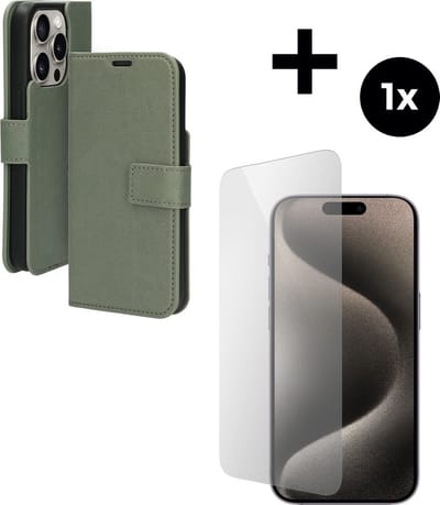 Mobiparts Classic Wallet hoesje geschikt voor Apple iPhone 15 Pro met 1 Screenprotector van Gehard Glas - Groen