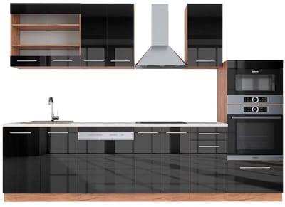Vicco Fame-Line Complete keukeneenheid – 300 cm met hoge kast, WB Marmer Antraciet hoogglans/goud eiken