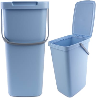 Kadax Afvalemmer, met deksel en handvat, van plastic, vuilnisemmer, voor afvalscheiding, rechthoekig, met klapdeksel, blauw, 20 l