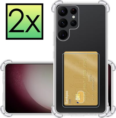 Hoesje - 2 Stuks - Geschikt voor Samsung Galaxy S23 Ultra - Met Pashouder en Kaarthouder - Telefoon Hoes Shockproof - Siliconen Case - Back Cover - Shock Proof - Pasjes Houder - Transparant