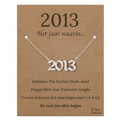Jaartal 2013 Ketting op Cadeau Kaartje - Zilverkleurig Stainless Steel - 45cm - Met informatie over geboortejaar - Pax Amare