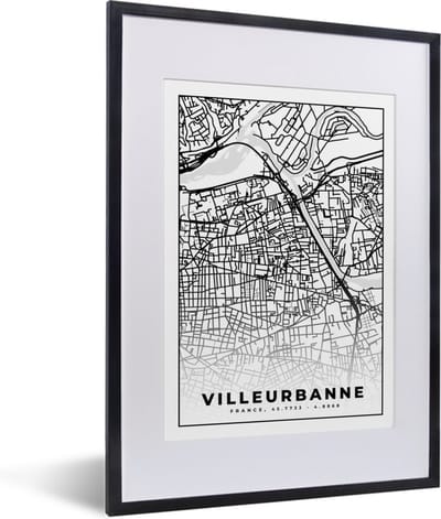 Fotolijst incl. Poster Zwart Wit- Frankrijk - Plattegrond - Villeurbanner - Stadskaart - Kaart - Zwart wit - 30x40 cm - Posterlijst