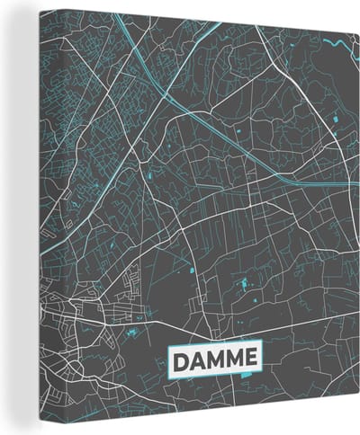 Canvas Schilderij België – Damme – Stadskaart – Kaart – Blauw – Plattegrond - 20x20 cm - Wanddecoratie