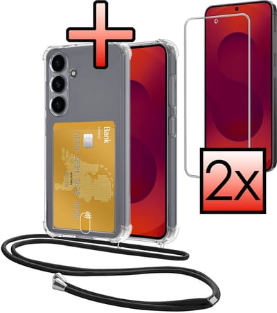 Hoes Geschikt voor Samsung Galaxy S25 FE Hoesje Pasjeshouder Cover Met Koord Shock Proof Case Siliconen Hoes Met Telefoonkoord en Kaarthouder Met 2x Screenprotector - Transparant