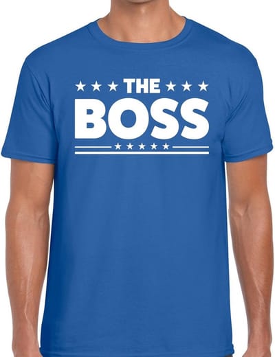 The Boss tekst t-shirt - blauw - voor heren - voor de Baas - Carnaval - Foute Party kleding - korte mouwen - directeur - leiding S
