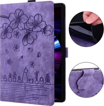 Luxe Bescherm-Etui Hoes Map geschikt voor Samsung Galaxy Tab A11 PLUS - A9 PLUS - 11" - Bloemen en Kat - Paars