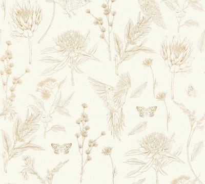 VOGELS EN VLINDERS BEHANG | Botanisch & Dieren - Wit Bruin Beige Oranje - Living Walls Drawn Into Nature