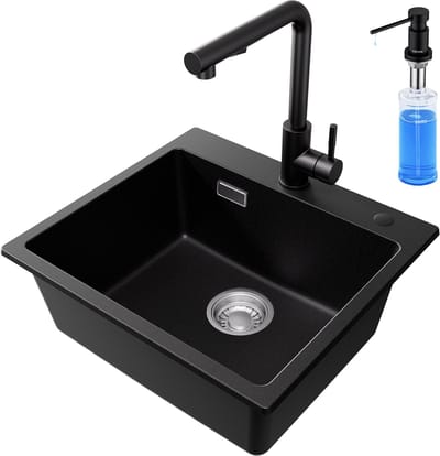 CECIPA max Granieten Spoelbakken Keuken 50x45cm - Spoelbakken Met Keukenkraan en Zeepdispenser(300ML) - Spoelbak Met Kraangat - Enkele spoelbak - Spoelbakken met afdruip - Antraciet