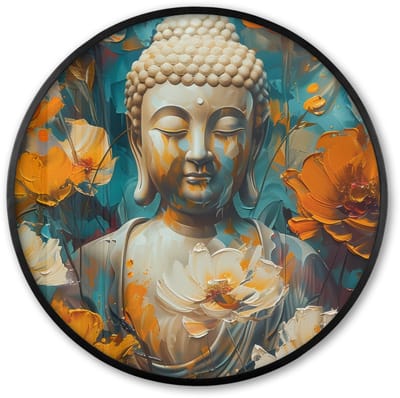 Poster in lijst Rond - Fotolijst 60x60 cm - Posters - Buddha - Bloemen - Kleurrijk - Modern - Ronde posterlijst zwart - Decoratie - Wanddecoratie woonkamer - Muurdecoratie slaapkamer