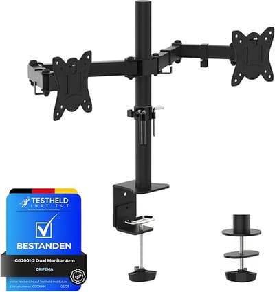 GRIFEMA GB2001-2 Dubbele Monitorstandaard voor 13-32 Inch Computerscherm, In Hoogte Verstelbaar, VESA 75x75/100x100, Staal, Zwart