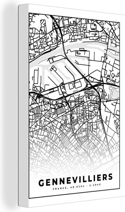 Canvas Schilderij Stadskaart - Frankrijk - Kaart - Plattegrond - Gennevilliers - Zwart wit - 20x30 cm - Wanddecoratie