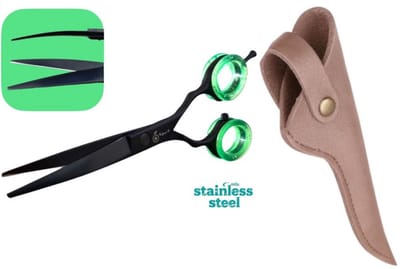 Professionele Hondenschaar – Ergonomische Kromme Trimschaar + Luxe Schaar Etui van Professor Q – Lederen Hoesje – Brons 16,5 cm