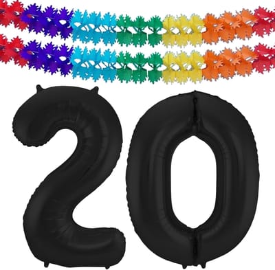 Folat folie ballonnen - Leeftijd cijfer 20 - zwart - 86 cm - en 2x feestslingers gekleurd 600 cm - versiering - feestartikelen