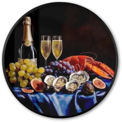 Poster in lijst Rond - Fotolijst 60x60 cm - Posters - Champagne - Luxe - Oesters - Ronde posterlijst zwart - Decoratie - Wanddecoratie woonkamer - Muurdecoratie slaapkamer