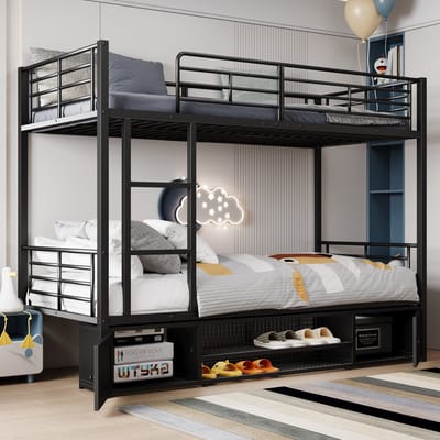 Wishdor Metalen Stapelbed 90x200 cm - Schoenenrek en Opbergkastjes - Zijladder en Valbeveiliging - Zwart