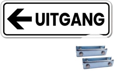 Bord uitgang pijl links - Weerbestendig Aluminium - 40x15 cm - Bevestiging: Met hekbeugels (voor spijlen- of gaashek)