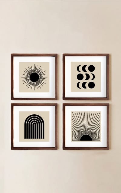Zon- en Maancycluskunst, Geometrische Kunst, Abstracte Wanddecoratie, Regenboog, Set van 4 Schilderijen 22x22 cm